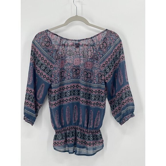 American Eagle Boho Peasant Top Size Small Sheer Tie Front 3/4 Sleeve - Picture 2 of 9